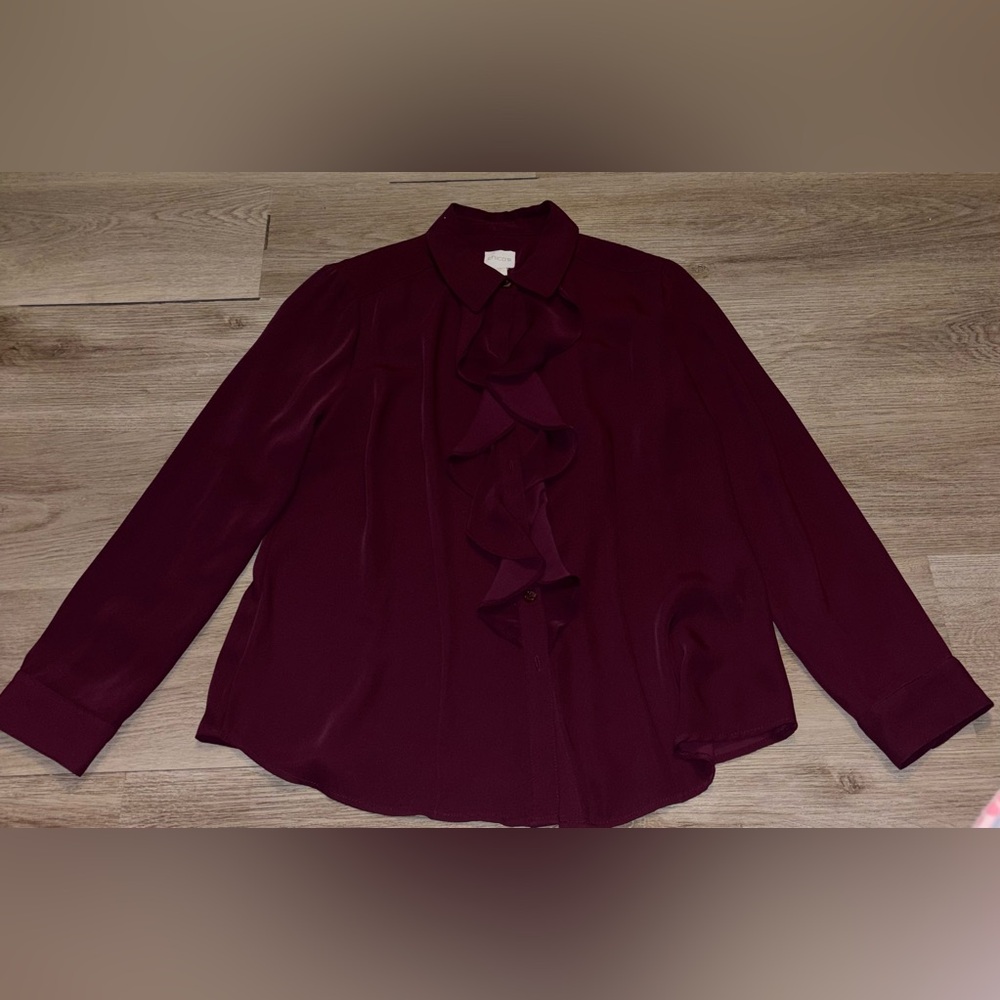 Chico's Ruffle-Front Long Sleeve Blouse in Burgundy